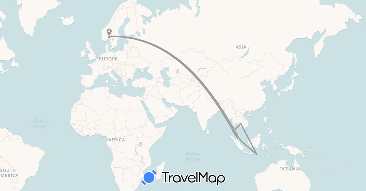 TravelMap itinerary: driving, plane in Indonesia, Cambodia, Malaysia, Norway, Singapore, Thailand (Asia, Europe)